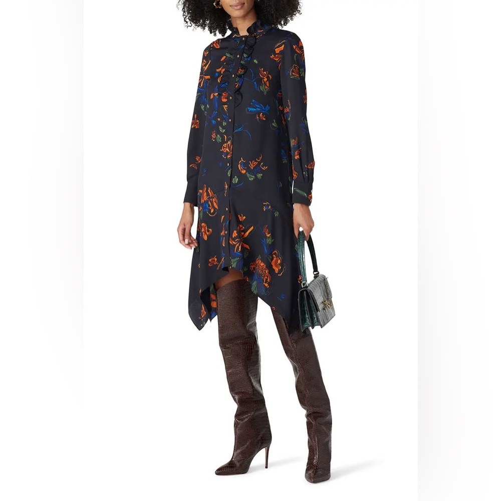 TORY BURCH Cora Black Floral Ruffle-Front Midi Dress